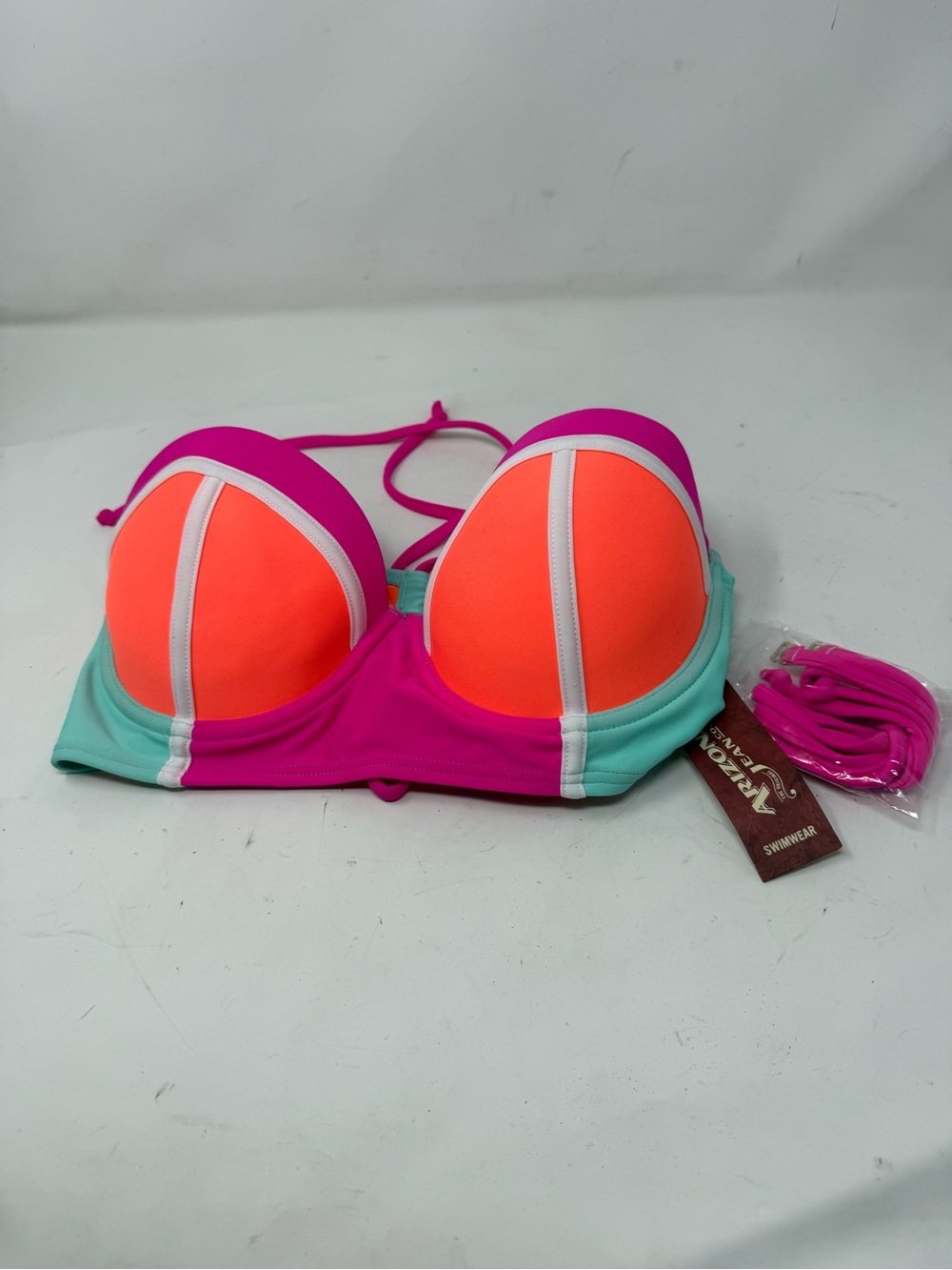 New ARIZONA JEANS Women’s Pink Orange Aqua Pieced Push-Up Bikini Top Size XL